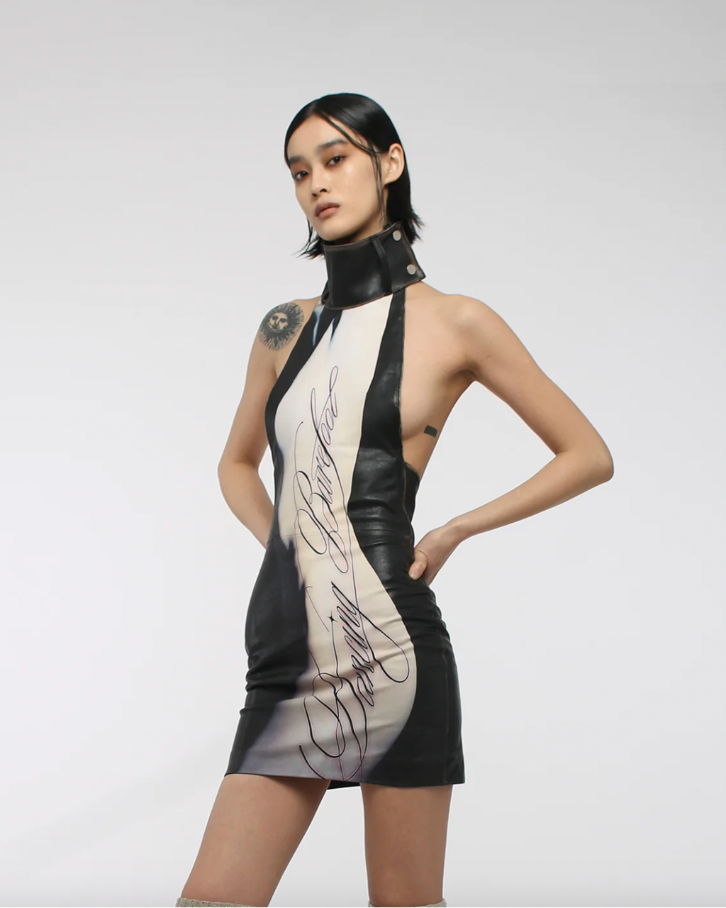 PRINTED HALTER-NECK LEATHER DRESS