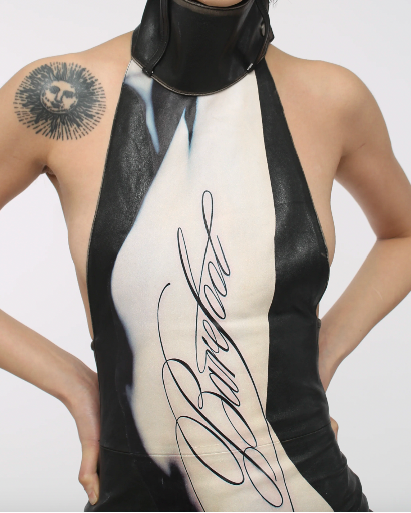 PRINTED HALTER-NECK LEATHER DRESS