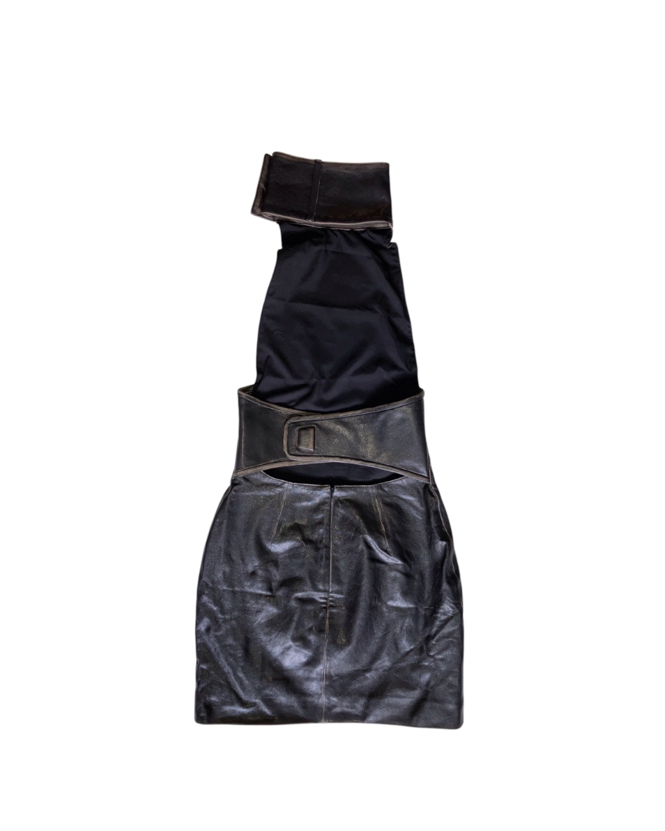 PRINTED HALTER-NECK LEATHER DRESS